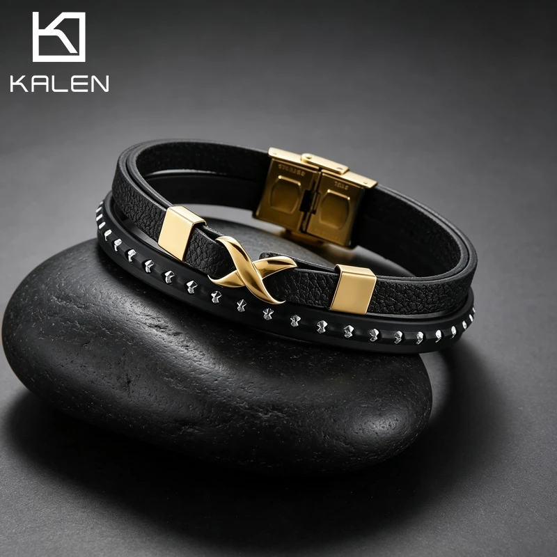 KALEN Infinity Symbol Leather Bracelet For Men Stainless Steel Braided Wristband Rivet Detail Holiday Birthday Gift Jewelry