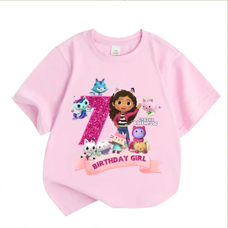 Gabbys Dollhouses Geburtstags-T-Shirt für Mädchen, weiß, rosa, kurzärmelig, Oberteile, Baumwolle, Sommer, Freizeit, Partyartikel, T-Shirt. – Detail 6