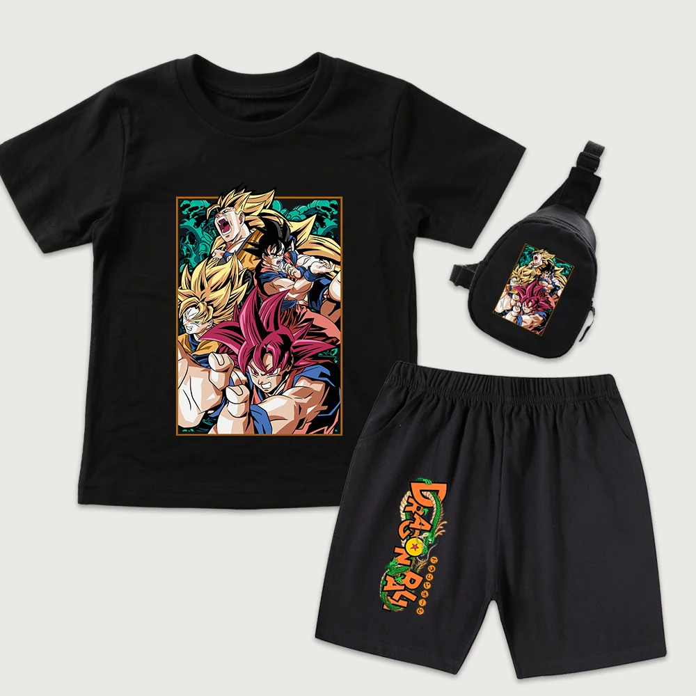 Dbz Characters Print Kids Cotton T Shirt Shorts Set with Mini Chest Bag 3 Pieces Set Casual Summer Outfit for Boys Girls