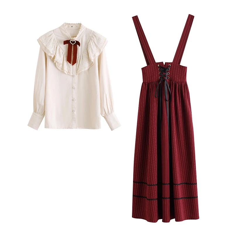 England Style 2 Piece Sets French Vintage Women Outfits Sweet Lace Bow Lantern Sleeve Shirt Tops Bandage Stripe Long Skirt Retro