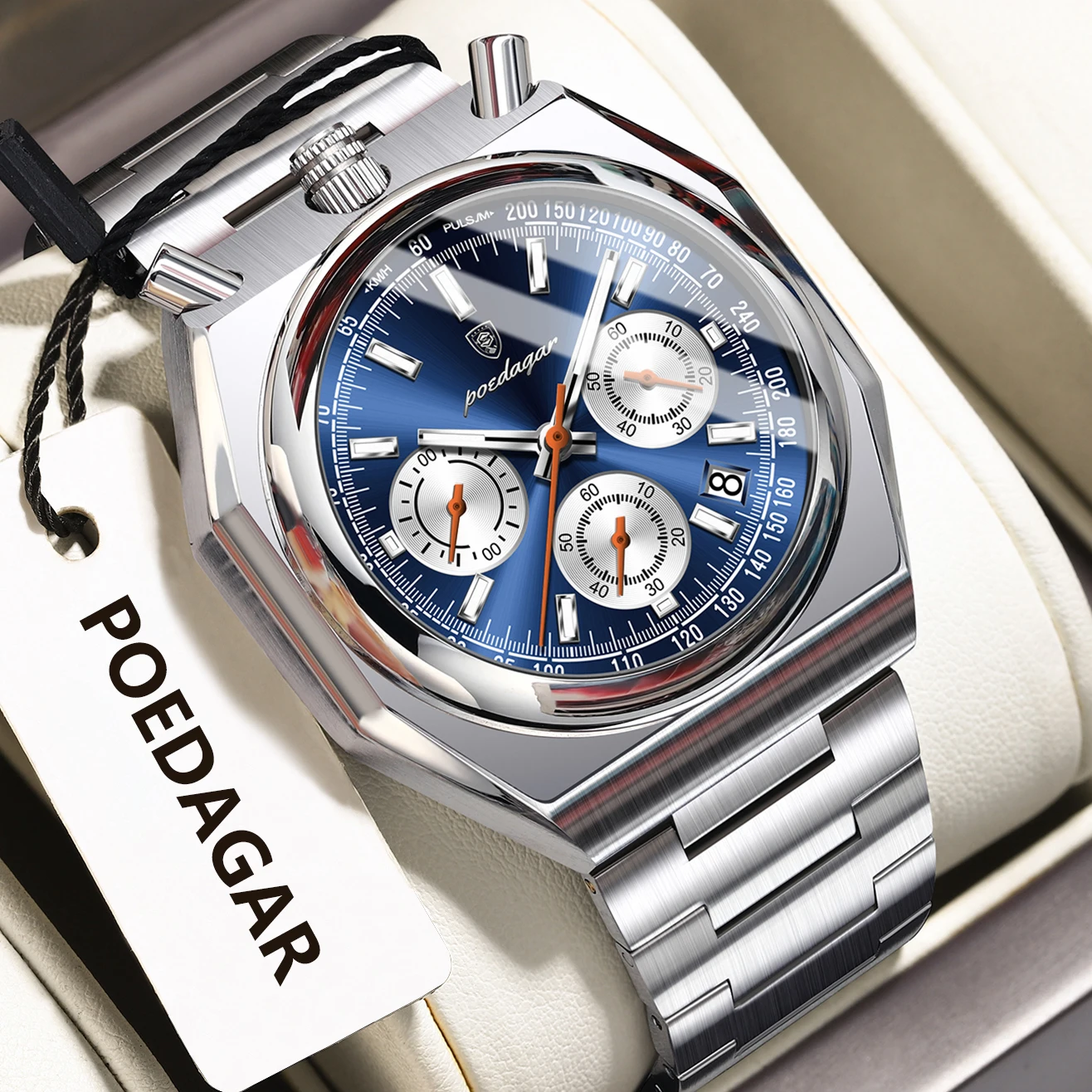 POEDAGAR Luxury Male Wristwatch Luminous Waterproof Stainless Steel Men Watch Date Chronograph Military Men's Quartz Watches+Box