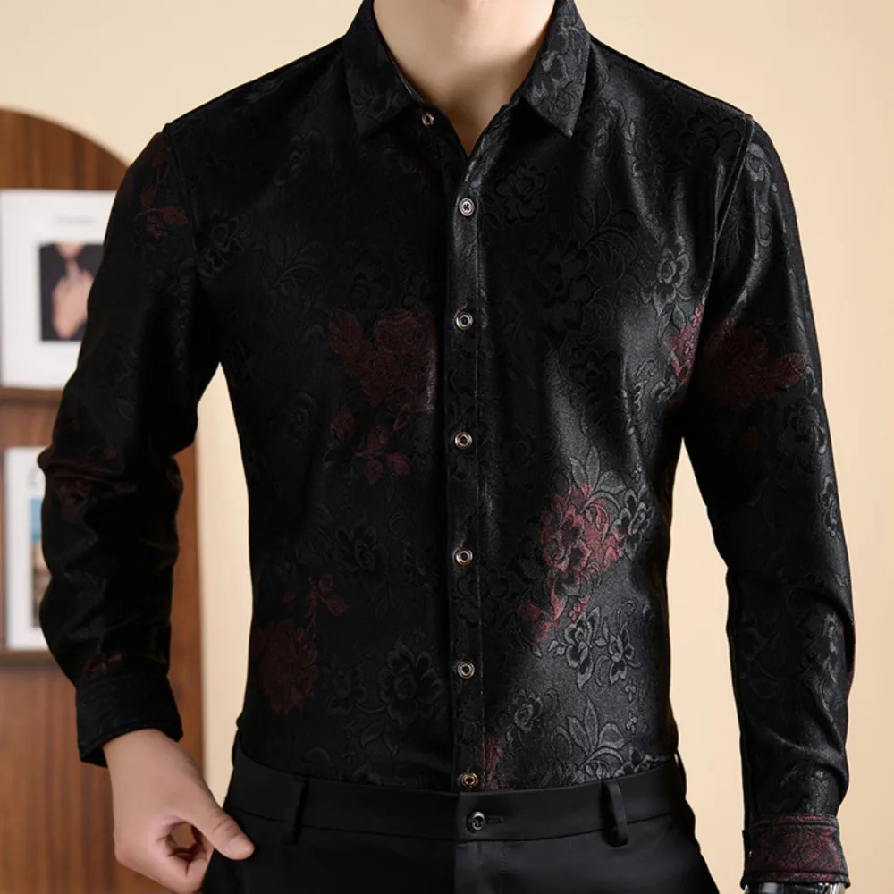 Flower Shirt Men Business Casual Office Shirt Print Velvet Shirt Club Party Long Sleeve Shirt Men Chemise Homme Shirts Men Dress