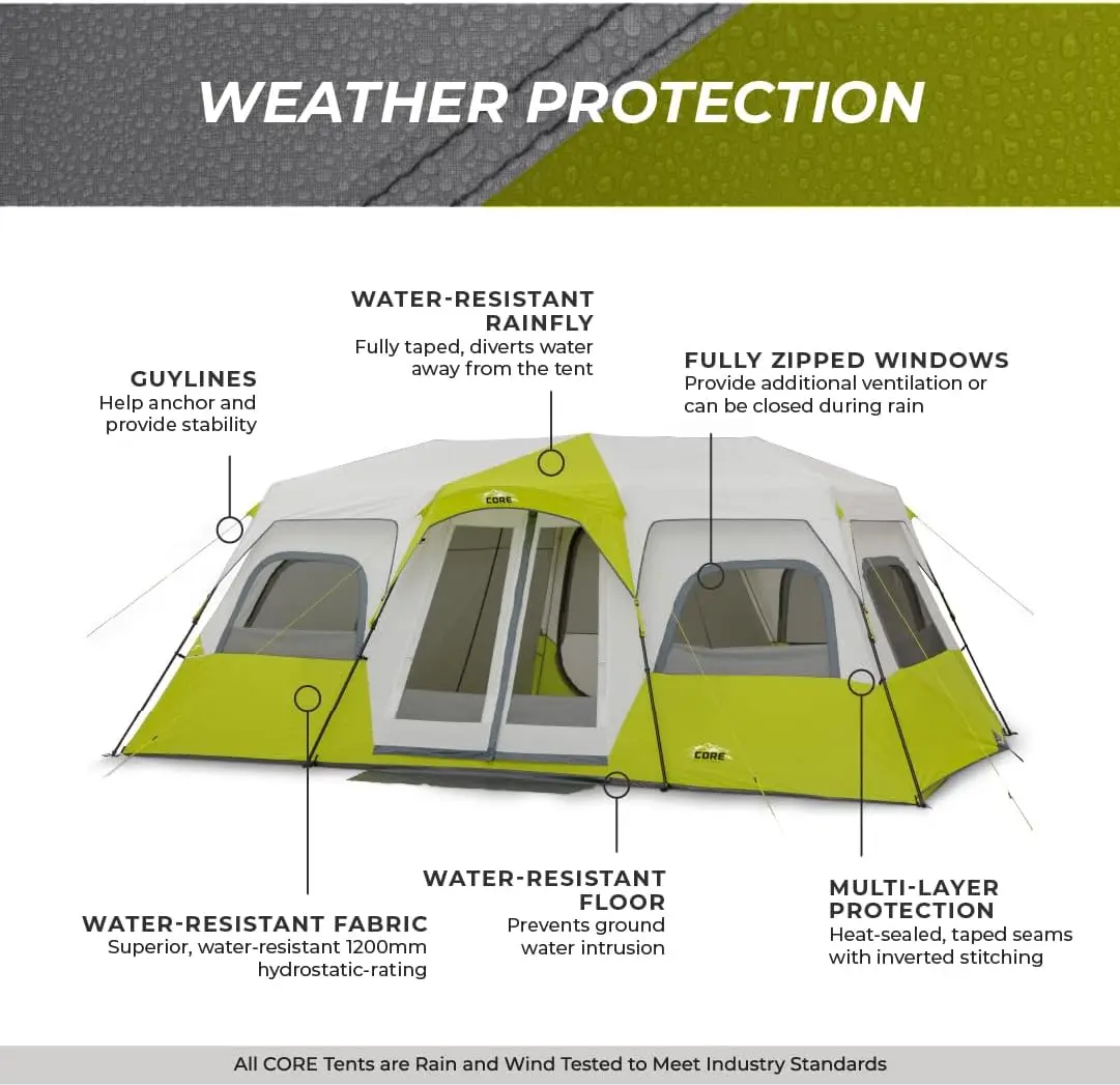 Tienda de campaña de cabina instantánea CORE para 12 personas, carpa enorme de 3 habitaciones para la familia con bolsillos de almacenamiento para accesorios de Camping, grande, portátil