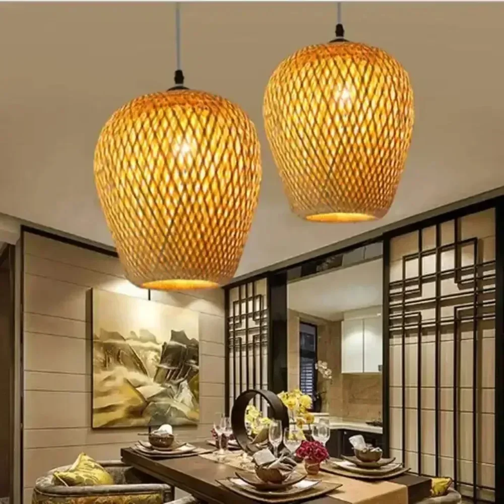 JOYINLED Loft Rattan Bamboo Hanging Light Handmade for Gallery, Corridor, Kitchen, Bay Window, Island Counter, Pantry, Library