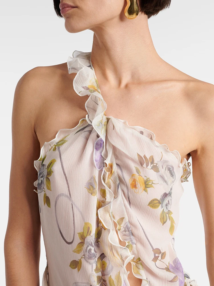 Abito lungo monospalla con stampa floreale bohémien, da donna, senza maniche, senza schienale, per festival musicali, abbigliamento estivo per scariole