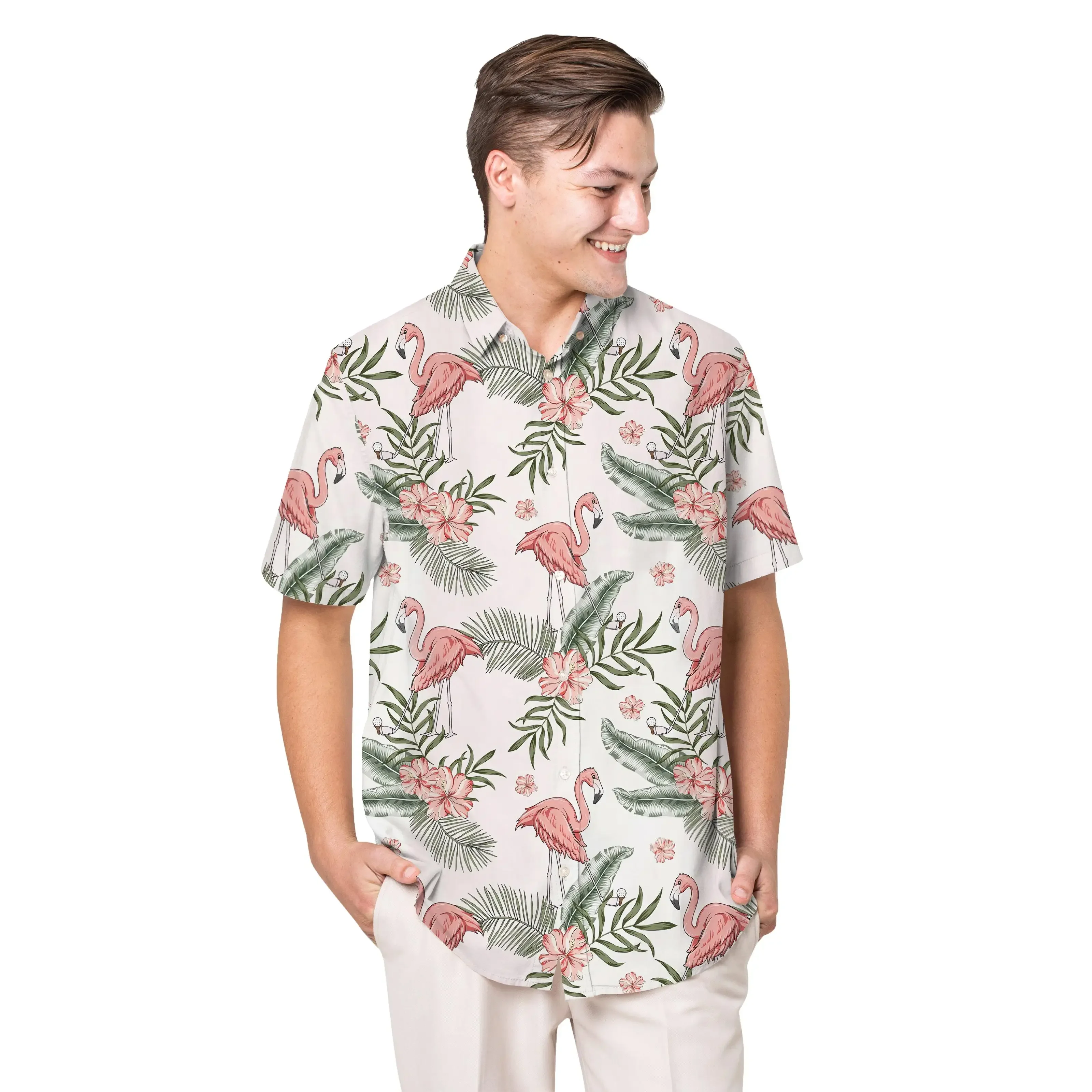 

Jumeast Flamingo Pattern Short Sleeve Hawaiian Shirt Palm Tree Graphics Polyester Aloha Shirts Tropical Baggy Casual Man Clothes