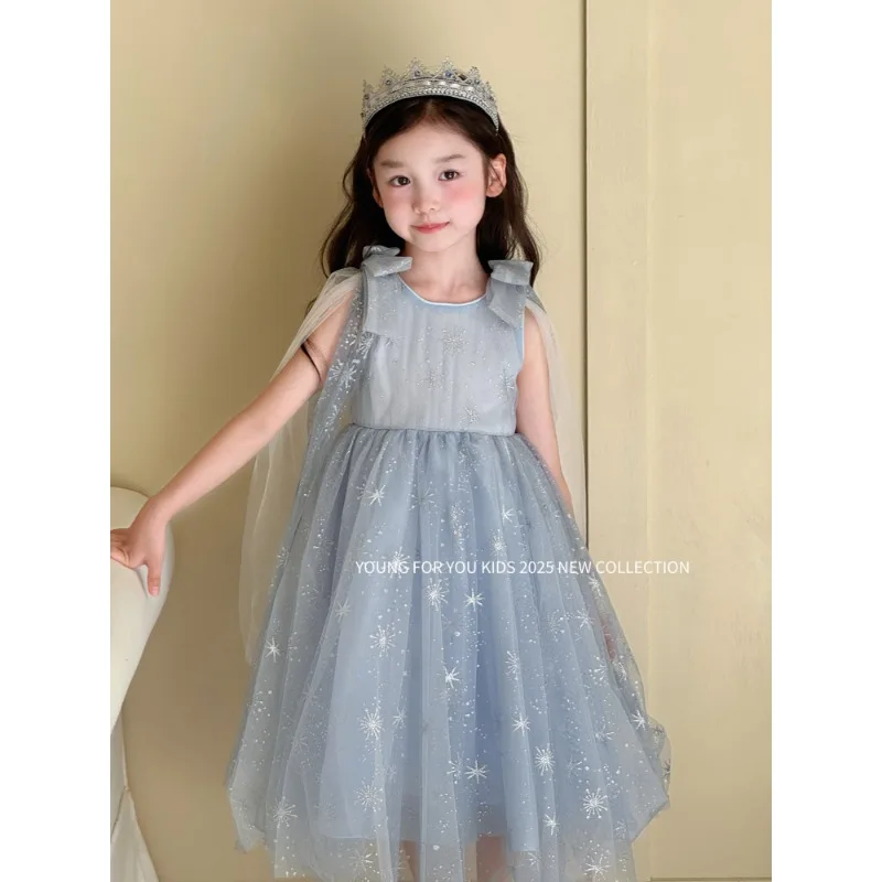 New Girls Summer blue beautiful Dress Childrens Fashionable Sweet and Elegant Princess Dress Kids Designable