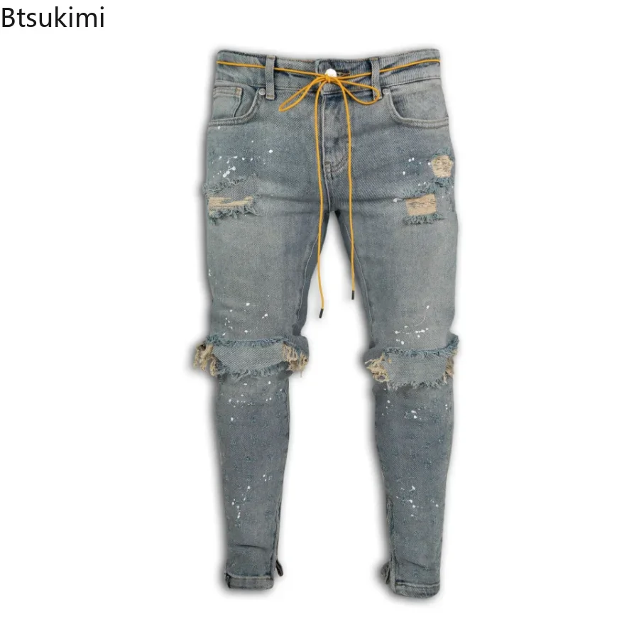 New 2024 Ripped Hole Jeans for Men Hip Hop Cargo Pant Distressed Denim Jeans Skinny Men Clothing Full Length Slim Trousers Male