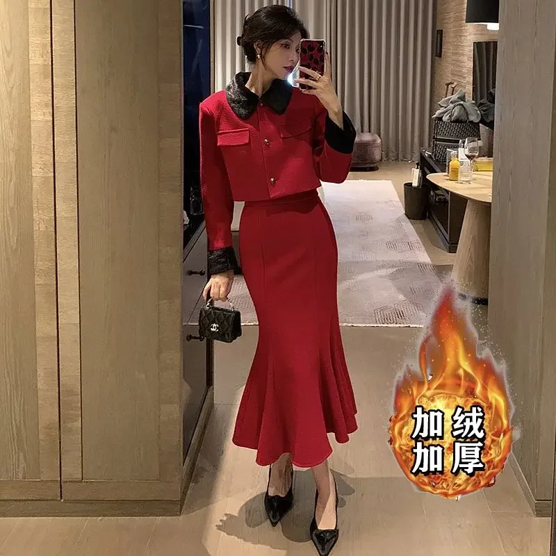 Insozkdg Velvet Thickened Elegant Women Suit Jacket Skirt Set French Style Suit Blazer Tops + Long Fishtail Skirt Two-piece Set