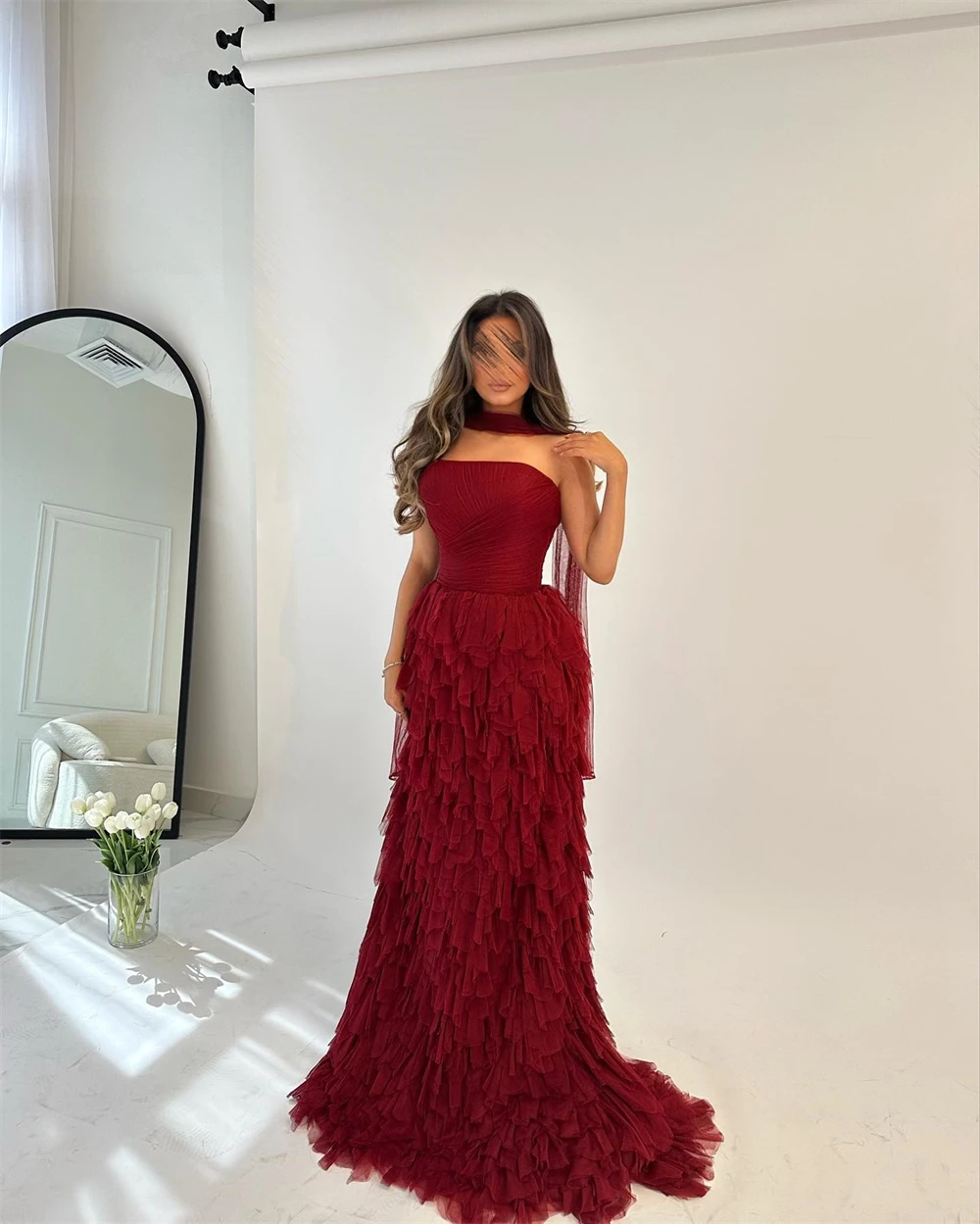 Strapless Long Sleeve Tulle فساتين سهره فاخره 2023 Formal Occasion  Evening Gown Islam فستان سهرة نسائي فخمه