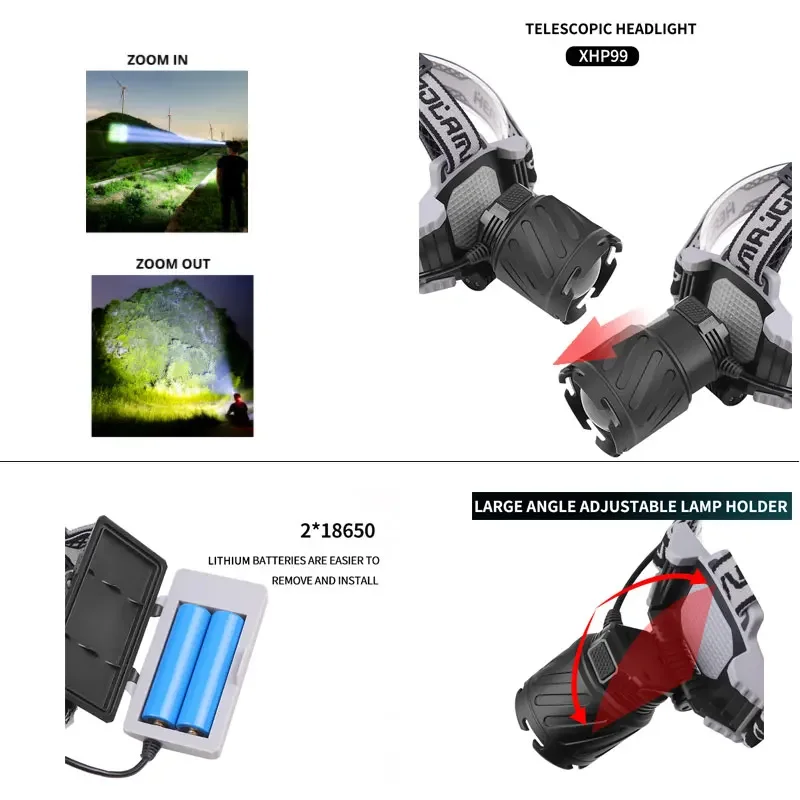 High Power XHP99 SuperBright USB Rechargeable LED Headlamp Fishing Headlight Telescopic Zoom IP64 Waterproof with Charge Display