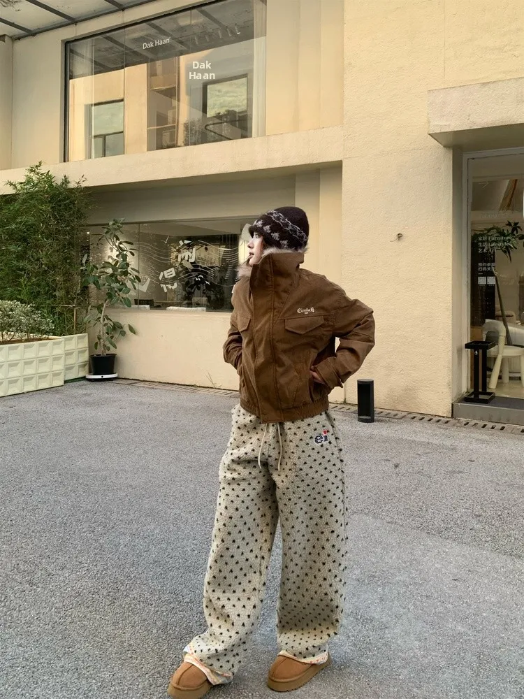 

Ретро-брюки в американском стиле с цветочным принтом и сердечками, из хлопкового флиса, теплые, свободные, широкие, для повседневной носки зимой