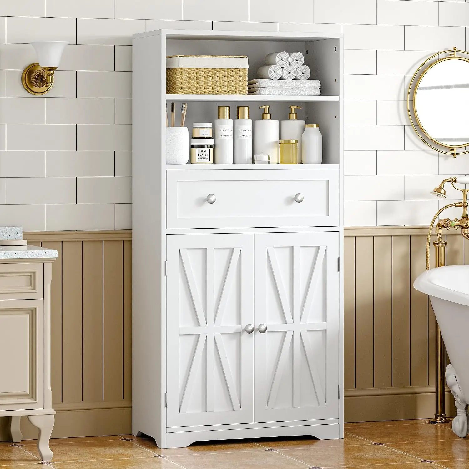 Bathroom Floor Storage Cabinet with Drawer, Freestanding Storage Unit with Adjustable Shelves, Open Compartments, for Bathroom, Living Room, Kitchen, White