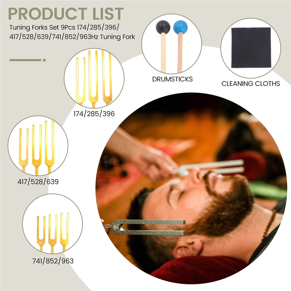 Lo-ok Tuning Forks Set 9Pcs 174/285/396/417/528/639/741/852/963Hz Tuning Fork, Sound Healing Tool Set for Healing Chakra Gold