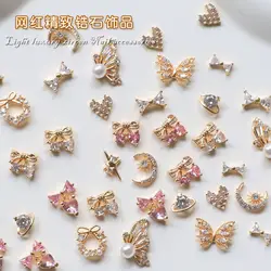 10pcs Luxury Pink Bow Butterfly Zircon Crystals Rhinestones Pearl Nail Art Jewelry Decorations Nails Accessories Charms Supplies