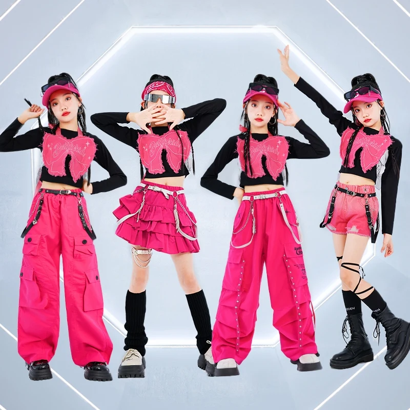 Jazz Dance Costume Kids Kpop Hip Hop Stage Wear Girls Fashion Clothes Kids Streetwear Black Tops Pink Skirt Shorts Pants AMY1105