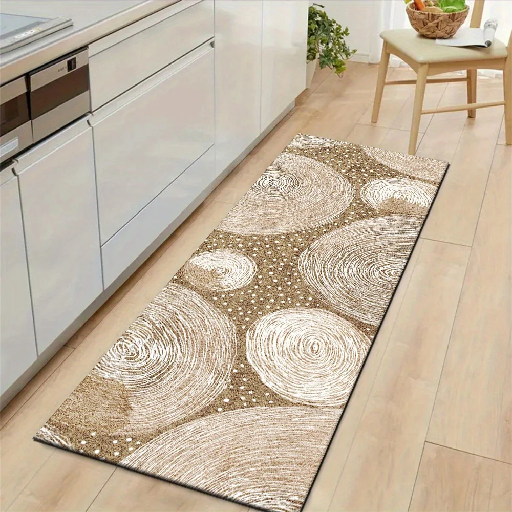 Khaki White Swirl Circle Dot Abstract Runner Rug, Non-Slip Washable Mat for Bedroom, Entryway, Hallway & Warm Neutral Home Decor