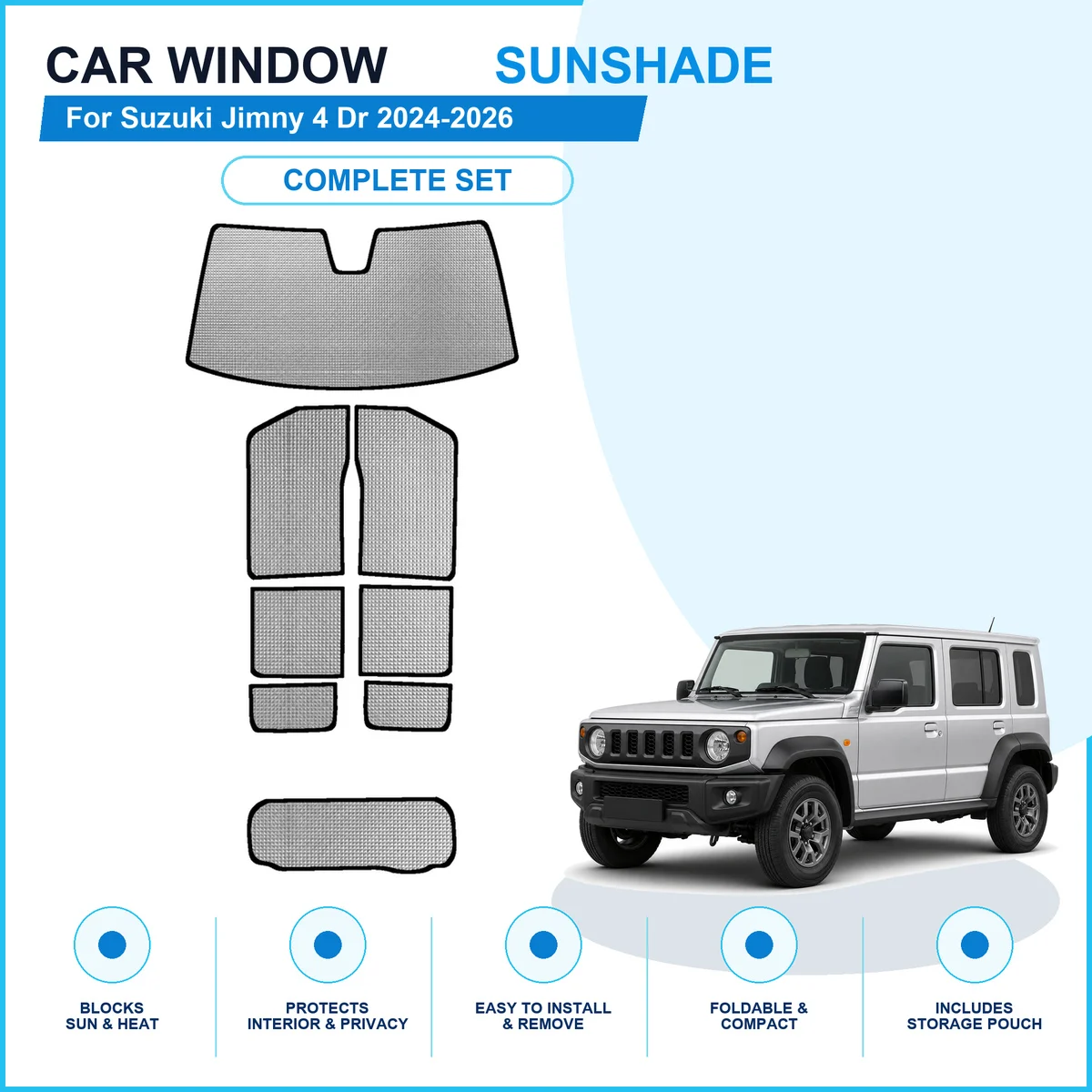 For Suzuki Jimny 4 Dr 2024-2026 Custom Full Set Window Sunshades Aluminum Foil Suction Cup Anti UV Privacy