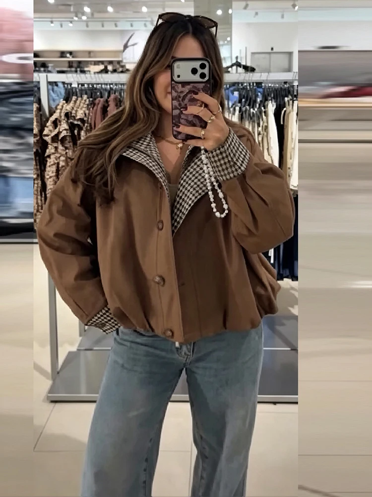 Women Brown Cropped Bomber Jacket Plaid Lining Stand Collar Zipper Up Long Sleeve Loose Casual Outerwear Female Short Coat