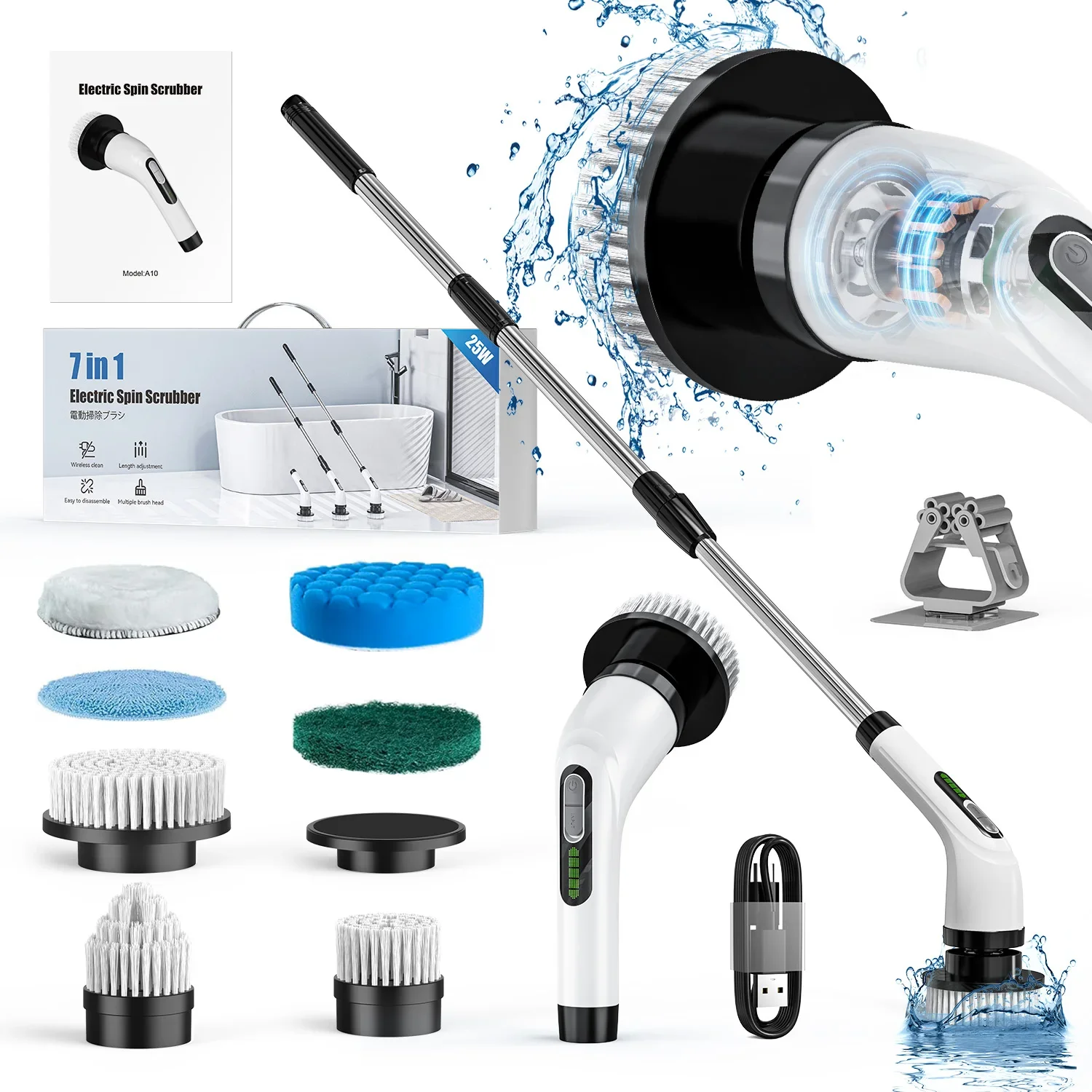 A10 Electric Spin Scrubber Cordless Cleaning Brush Bathroom Cleaning Brush With Replacement Brush Heads Product