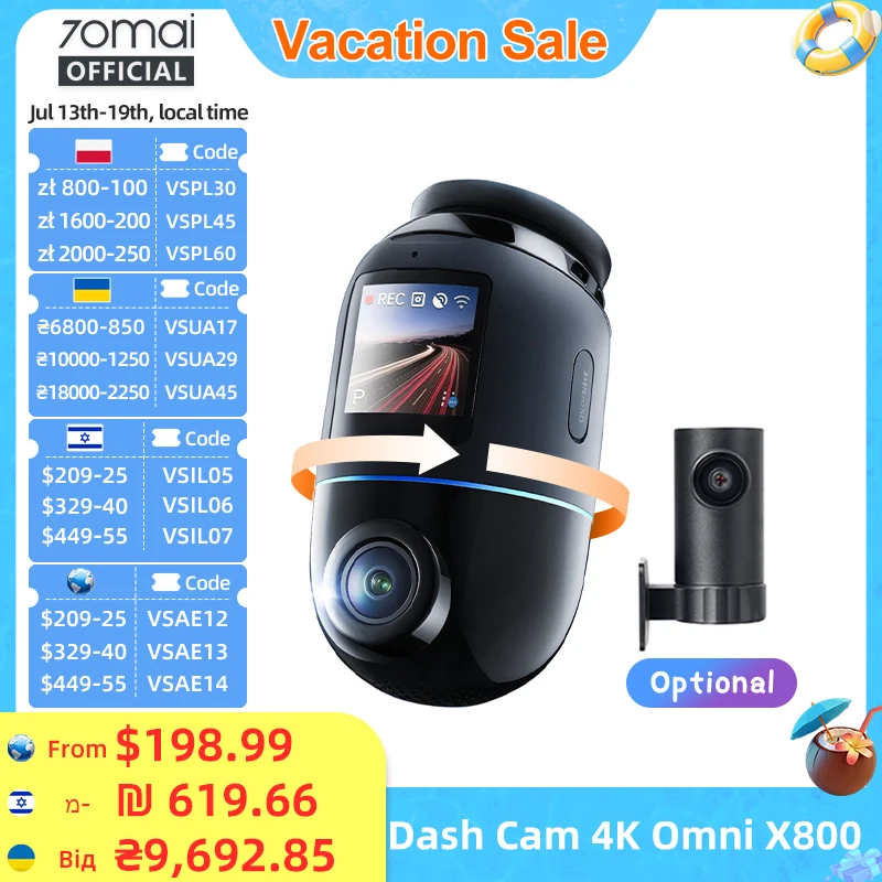 70mai Dash Cam 4K Omni X800 360° עם HDR