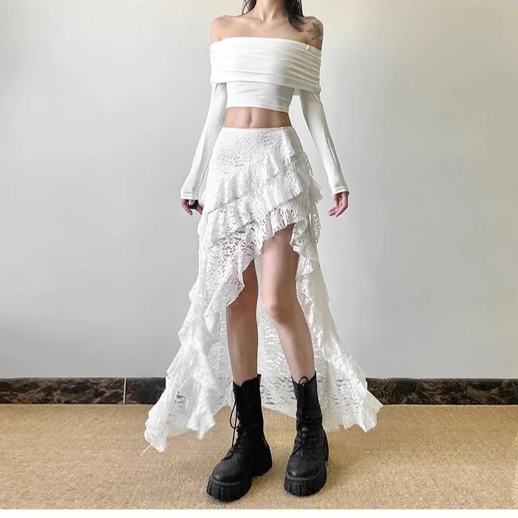 White Sweet Lace Stitched Ruffled Hemline High-waisted Full-length Skirt for Women, Suitable for All Seasons, Irregular Design.