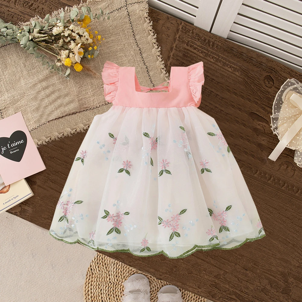 

Baby Dresses Summer Sleeveless Floral Mesh Embroidered Baby Clothes Girl Fashionable First Birthday Outfit Princess