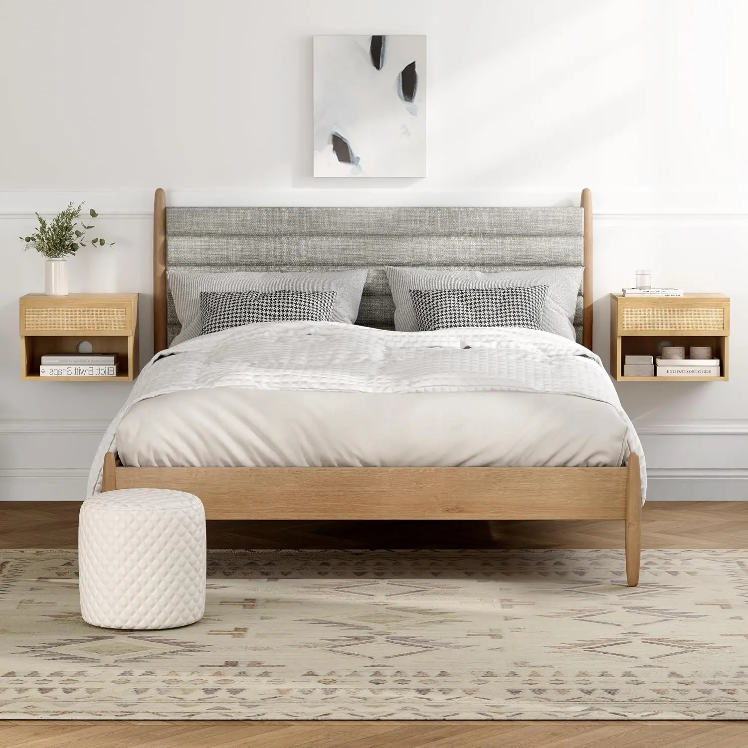 Rattan Floating Nightstands Set of 2, Wall Mounted End Table with Drawer and Open Compartment Modern Wood Bedside Night Stand