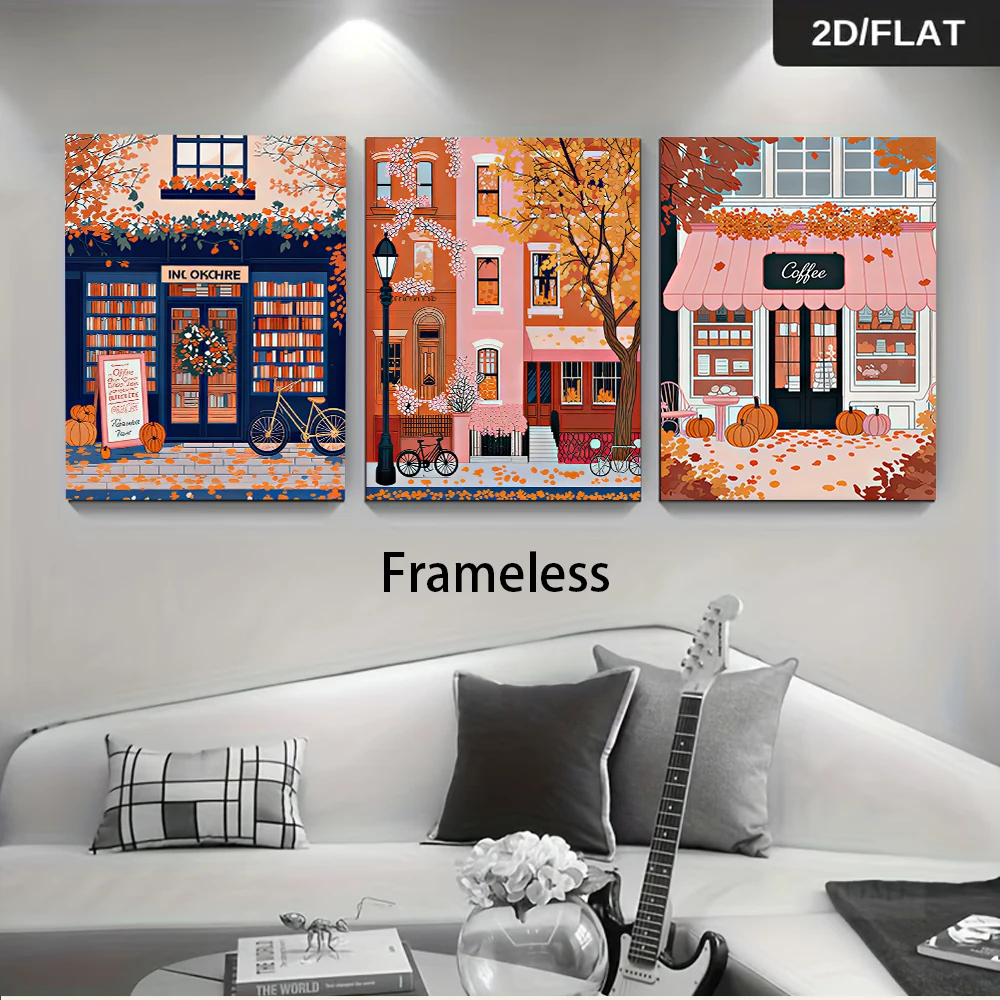 3PCS Frameless,1 set of autumn street scene triptych frameless posters, featuring a cozy coffee shop and bookstore architecture.