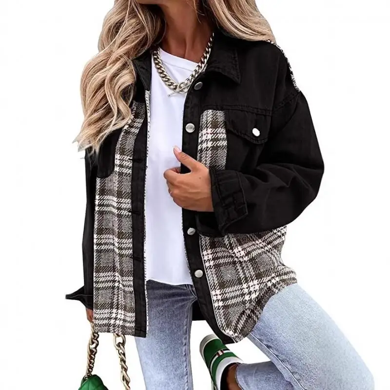 Amazon Independent Station Hot Cross-border Autumn and Winter Denim Jacket Long Sleeve Plaid Button-down Shirt Jacket Top