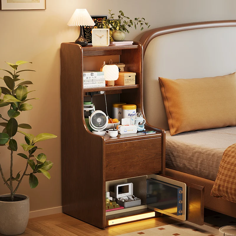 Solid wood bedside table Safe integrated bedroom Bedside table Multifunctional small locker with bookshelf