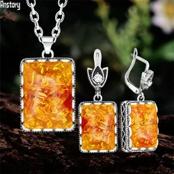 Oblong Synthetic Ambers Jewelry Sets For Women Antique Silver Plated Flower Square Pendant Necklace Earrings Fashion Set