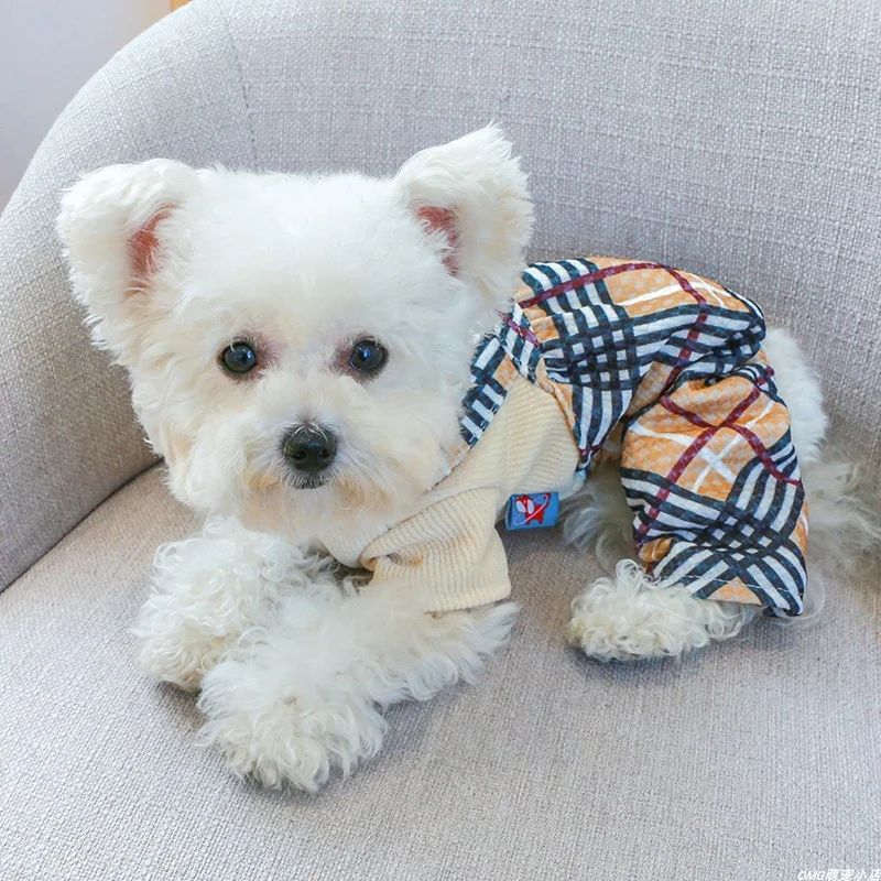 1PC pet clothing, cat spring and autumn toffee coffee plaid patchwork four legged pants suitable for small and medium-sized dogs