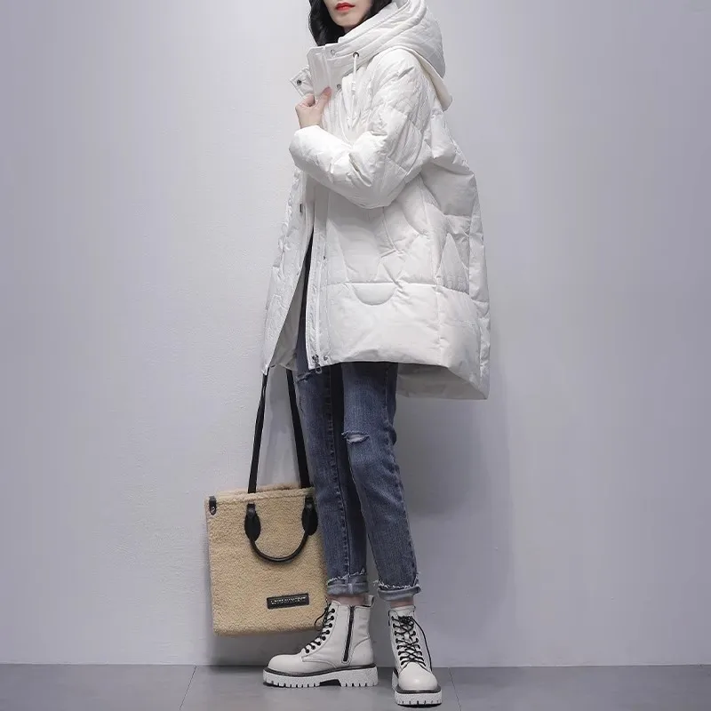 Damasco quente para baixo jaqueta feminina inverno 2025 nova versão coreana com capuz solto grosso branco ganso para baixo casaco feminino puffer