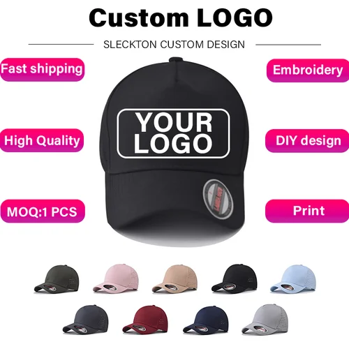 SLECKTON Logotipo personalizado bordado Breath Mesh gorra de béisbol de 5 paneles para hombres marca DIY diseño carta impresión sombreros para el sol Unisex al por mayor