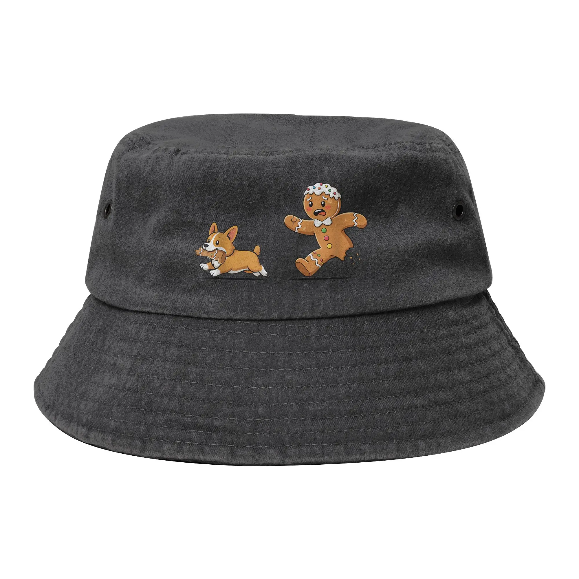 Picnic Corgi Christmas Dog Bucket Hat Unisex Distressed Washed Sun Hat Gingerbread Cookie Bob Hat Fishing Hat