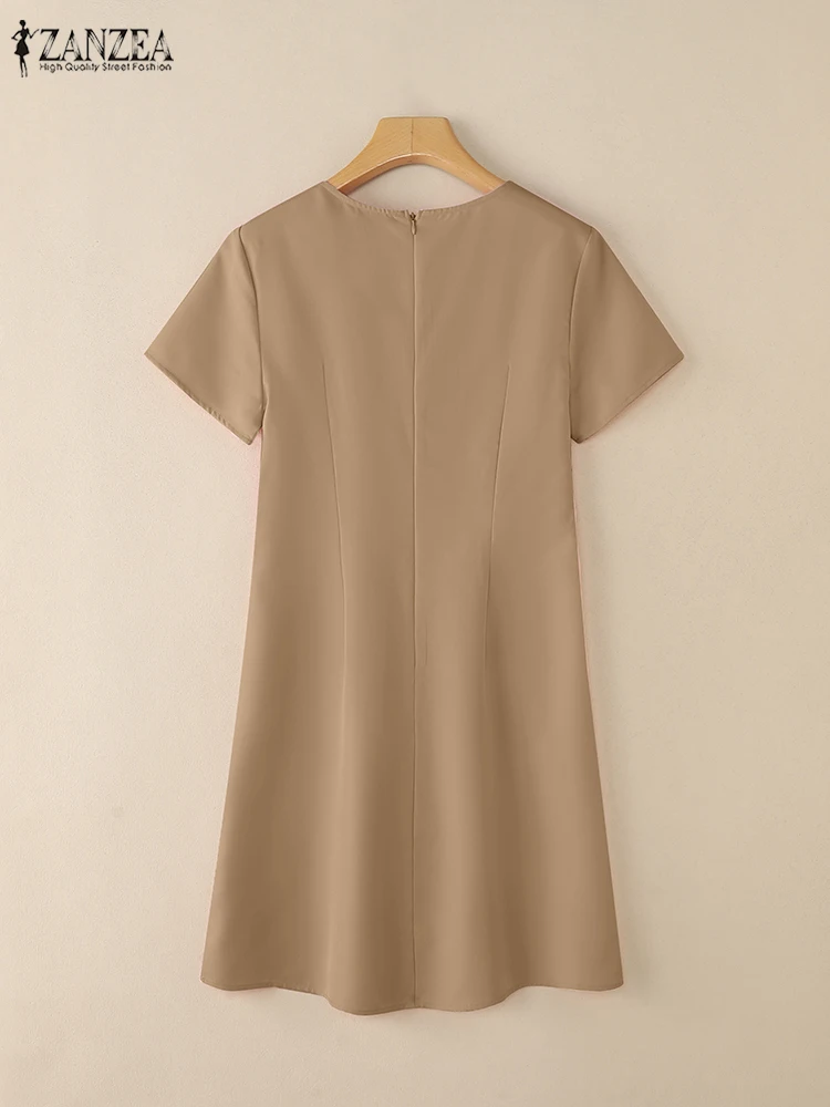 2025 ZANZEA vestido de verano para mujer, bata de manga corta hasta la rodilla, vestido elegante liso de corte A OL, vestido veraniego de trabajo, vestidos elegantes de oficina para mujer