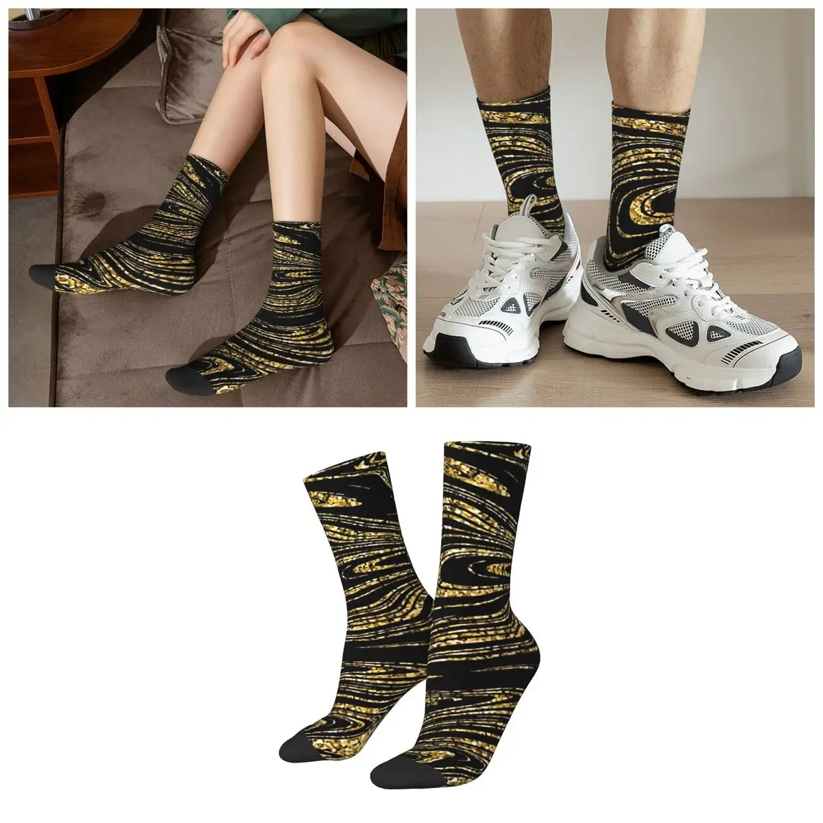 Textured Golden Liquid Marble Metallic Foil Socks Harajuku Sweat Absorbing Stockings All Season Long Socks for Valentine's Day