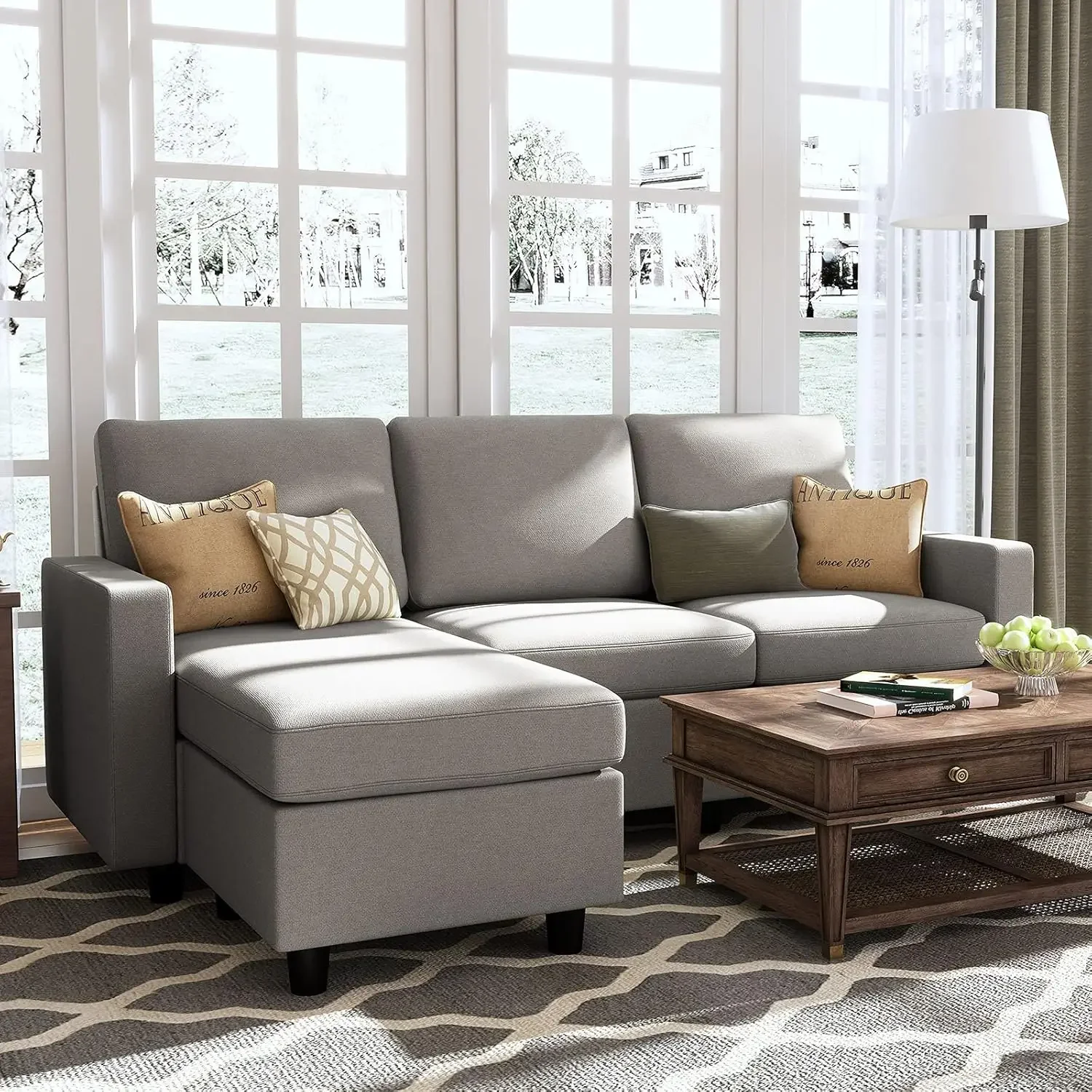 Convertible Sectional Sofa - L Shaped Couch with Linen Fabric - Reversible Couch for Small Spaces in Light Grey