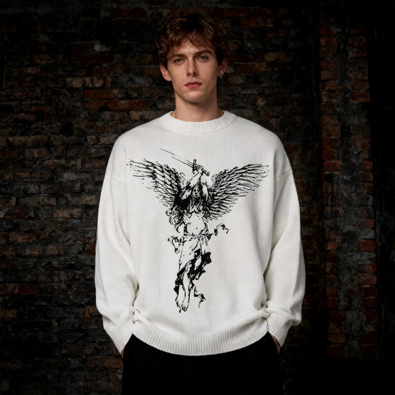 

y2k White Warrior Angel Graphic Sweater Unisex Gothic Dark Streetwear Oversized Knit Jumper Fall Winter Casual Top