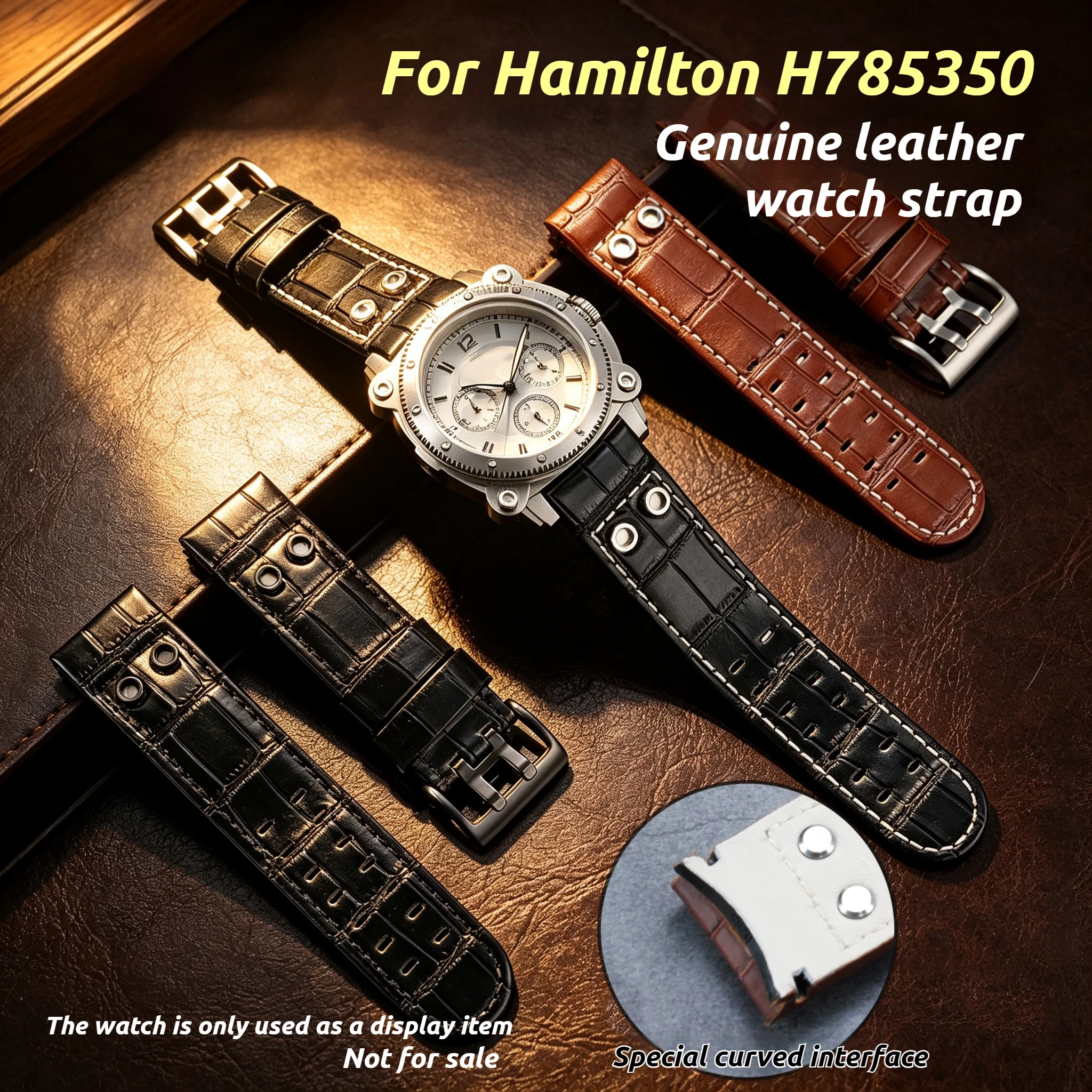 Cowhide Leather Watch Strap For Hamilton Khaki Navy  Series H785350 H78535380 24mm Rivet Replacement Watch Band Curved Wristband
