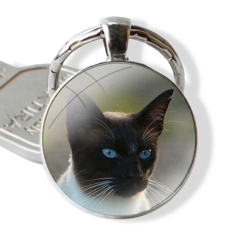 Keychain Handmade Glass Cabochon Key Ring Holder Pendant Key Chains Blue Point The Traditional Siamese Cat