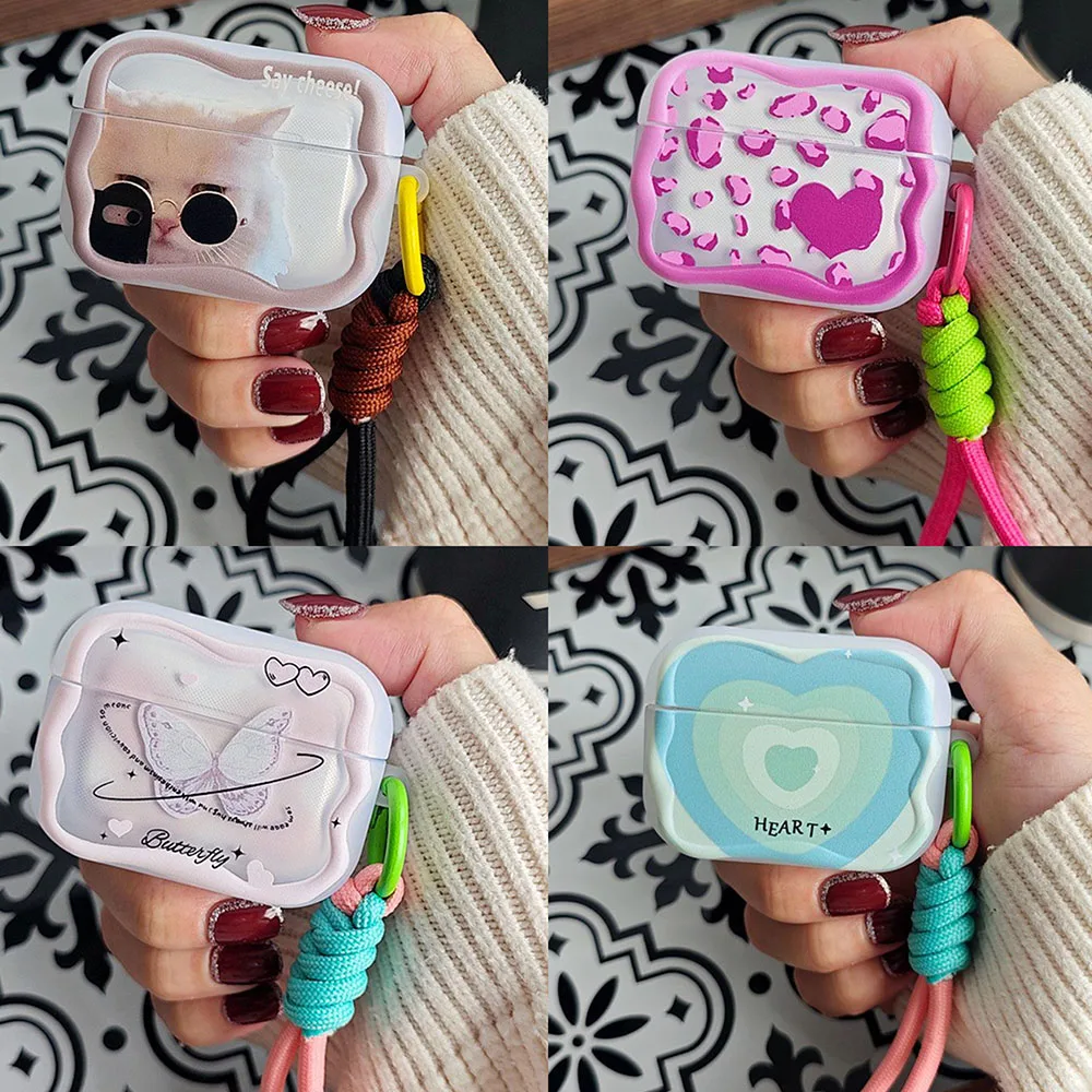 漫画の猫の波のケース,ピンクの蝶,ハート,smile,ins,1, 2,pro 2,2nd,ストラップ付きのかわいい女の子のカバー