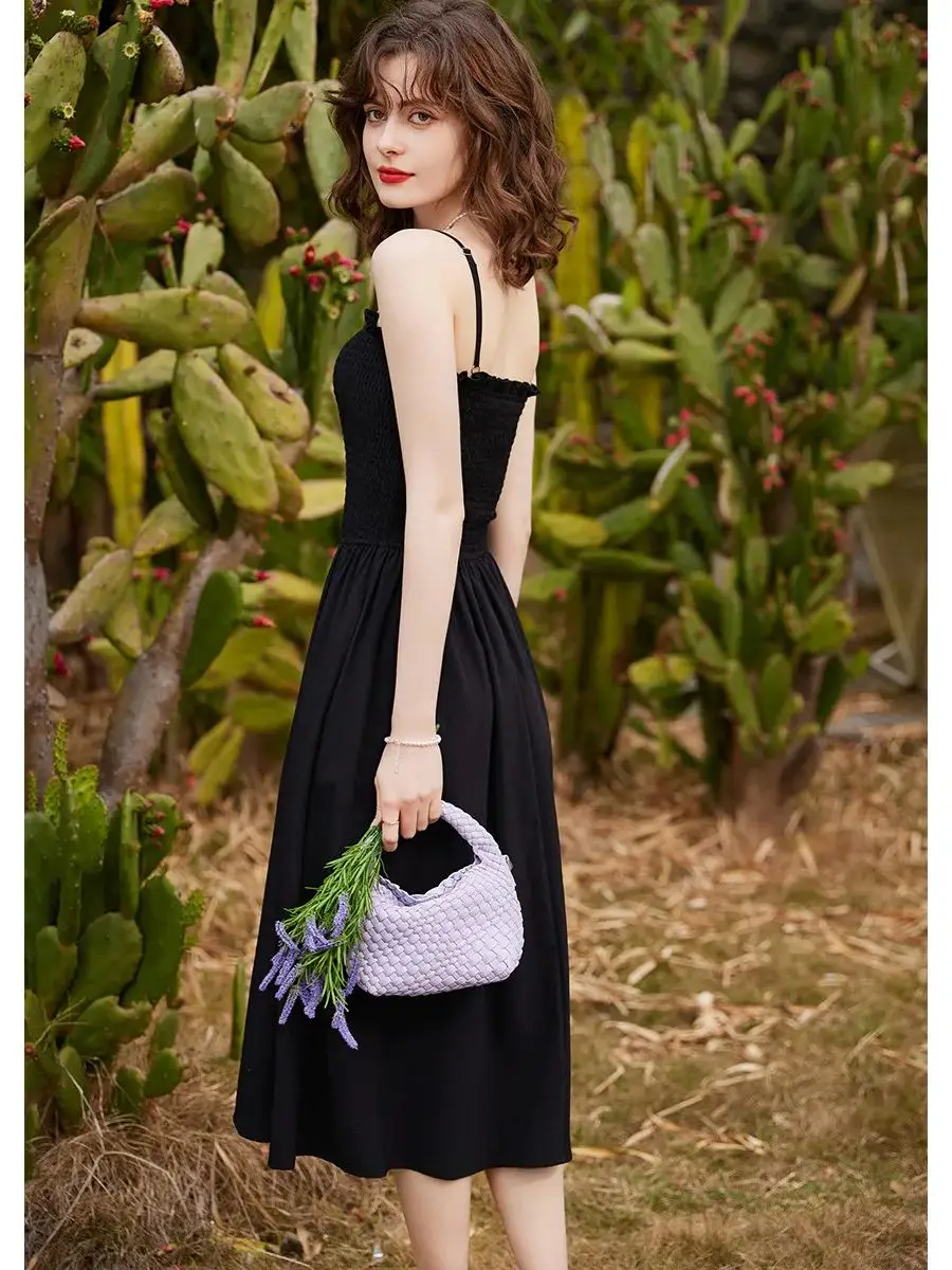 LOUIS YAO Women Slip Dress Holiday Style 2024 Summer Pleated Dress A-LINE Slim Fit Casual Black Long Dress