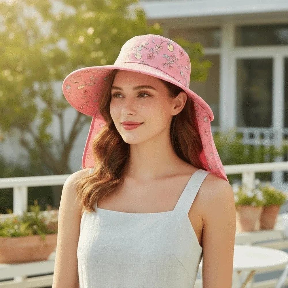 Thin With Mask Picking Tea Hat Detachable Wide-brimmed Sunshade Shawl Cap Floral Lightweight Neck Protection Hat for Gift