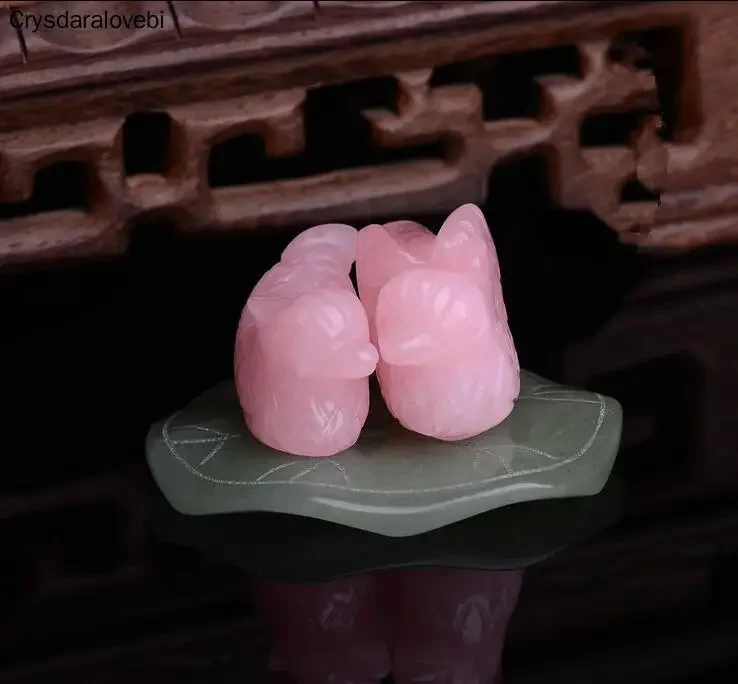 1 Set Rose Quartz Mandarin Duck Natural Stone Carved Lover Symbolize Figurine Green Aventurine Stand