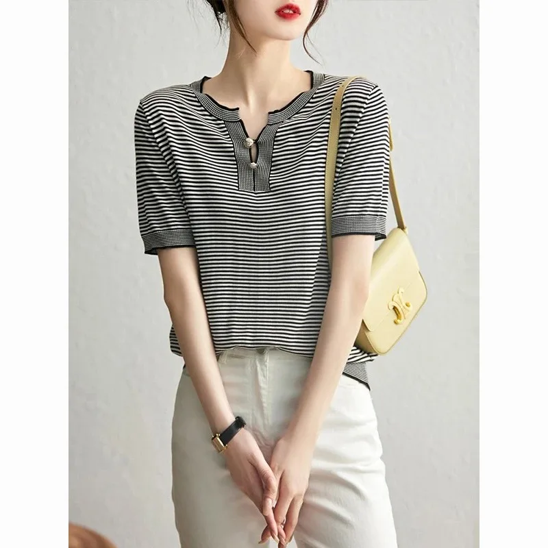 Women Black White Stripe Knit Top Summer Notch V Neck Short Sleeve Loose Elegant Casual Tee