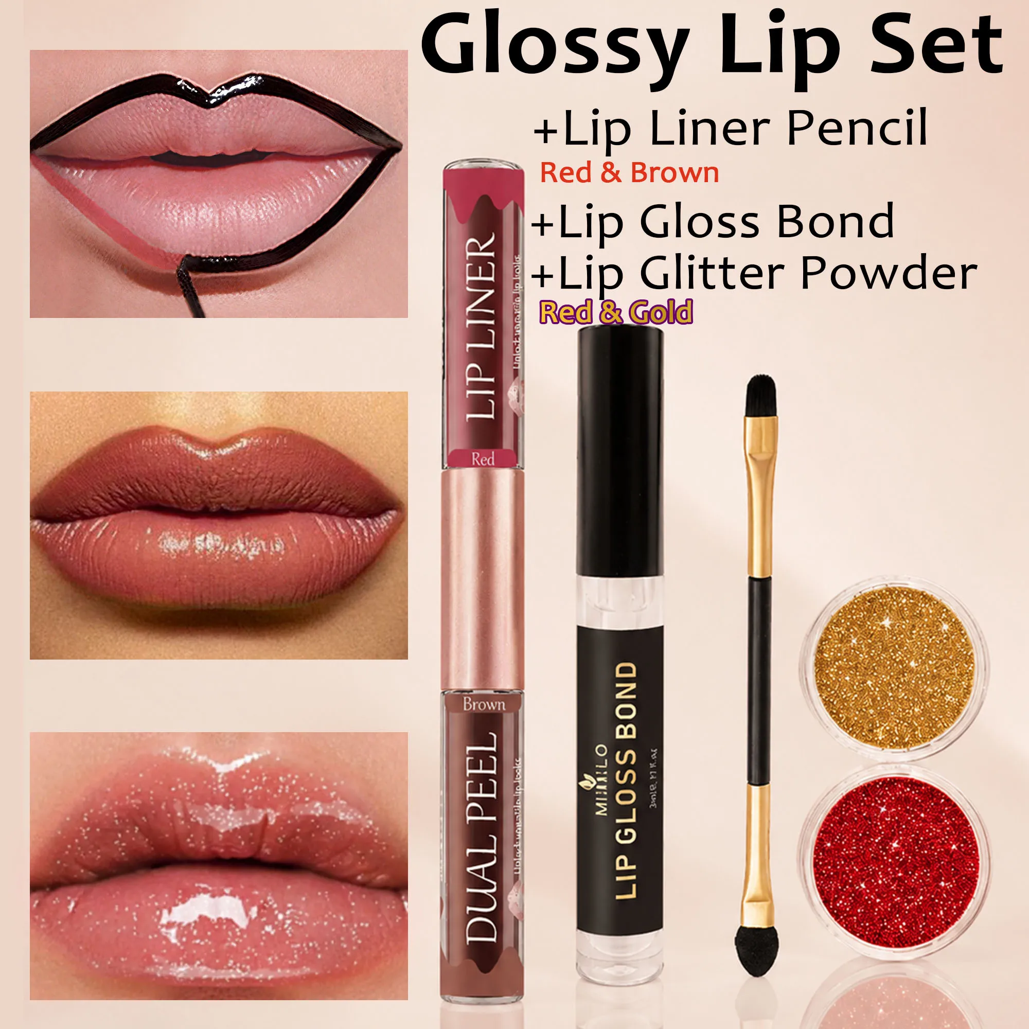 Glossy Lip Set，Lip Liner Pencil+Lip glitters+Gloss Bond,Long-lasting & smudge-proof, Dazzle everyone，Daily & Festive Occasions