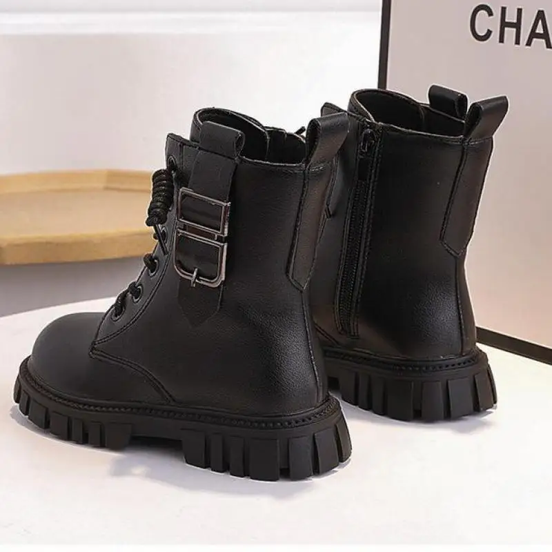 Botas antiderrapantes para crianças, sapatos de couro grosso para estudantes, meninos e meninas, nova moda ao ar livre, outono e inverno, J158