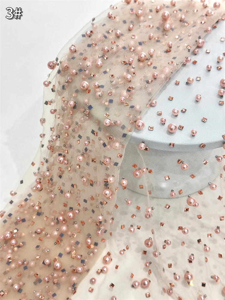 Tessuto di pizzo con perline pesanti per abito da sera, ricamo di pietre fatte a mano, cristallo da sposa, tessuto di pizzo francese di lusso, 2025
